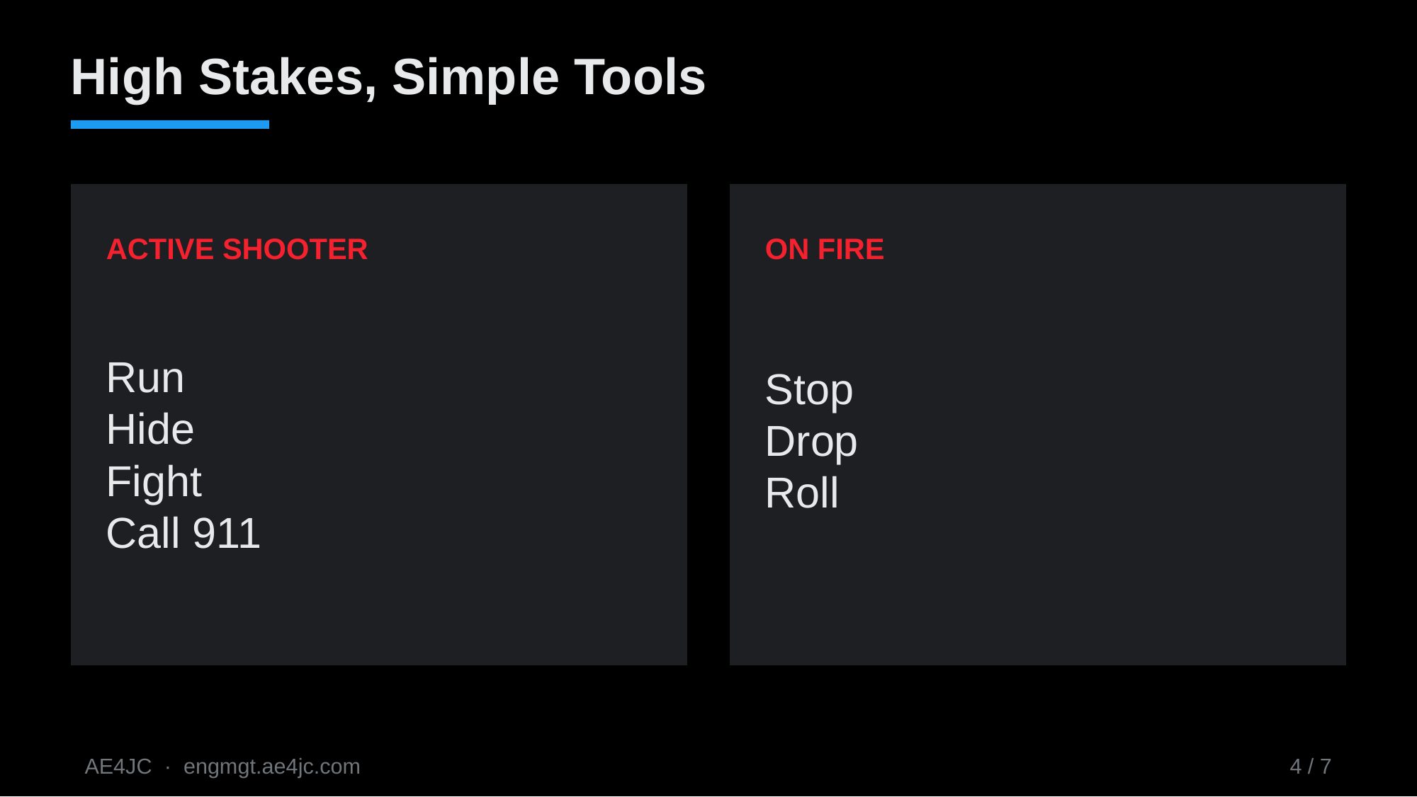 High Stakes, Simple Tools: Active Shooter (Run, Hide, Fight, Call 911); On Fire (Stop, Drop, Roll)